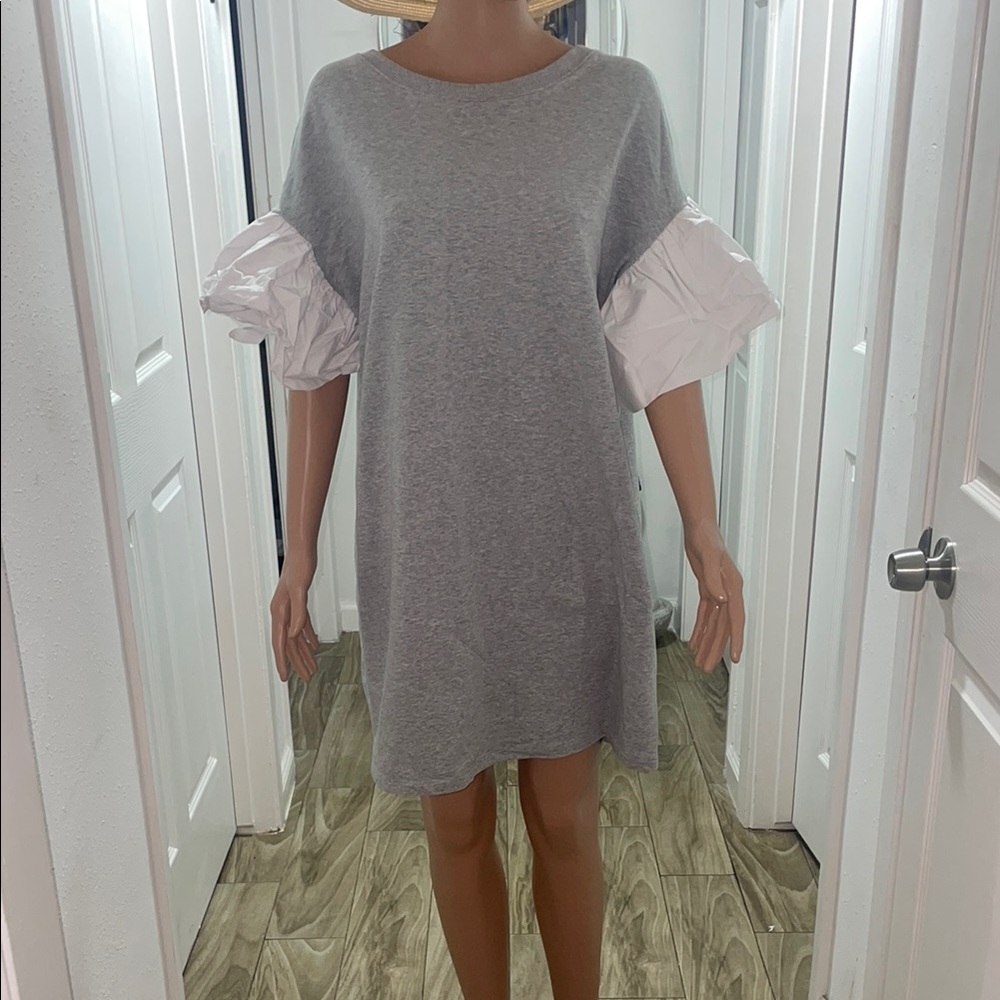 Gray and White Crew Neck Puff Sleeve Dress for Work